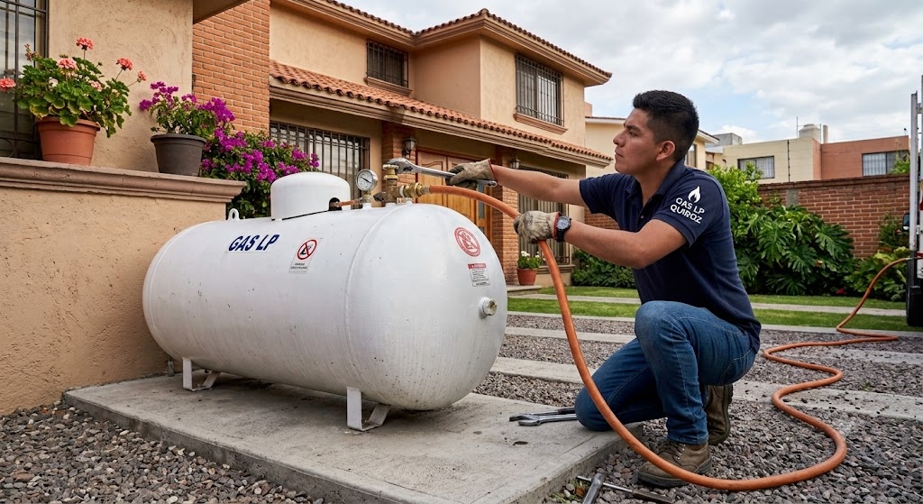 Técnico certificado realizando recarga de tanque estacionario de Gas LP en Metepec con revisión de fugas